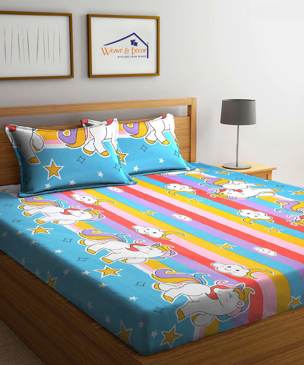 Unicorn Fantasy Print Kids Bedsheet With Pillow Covers