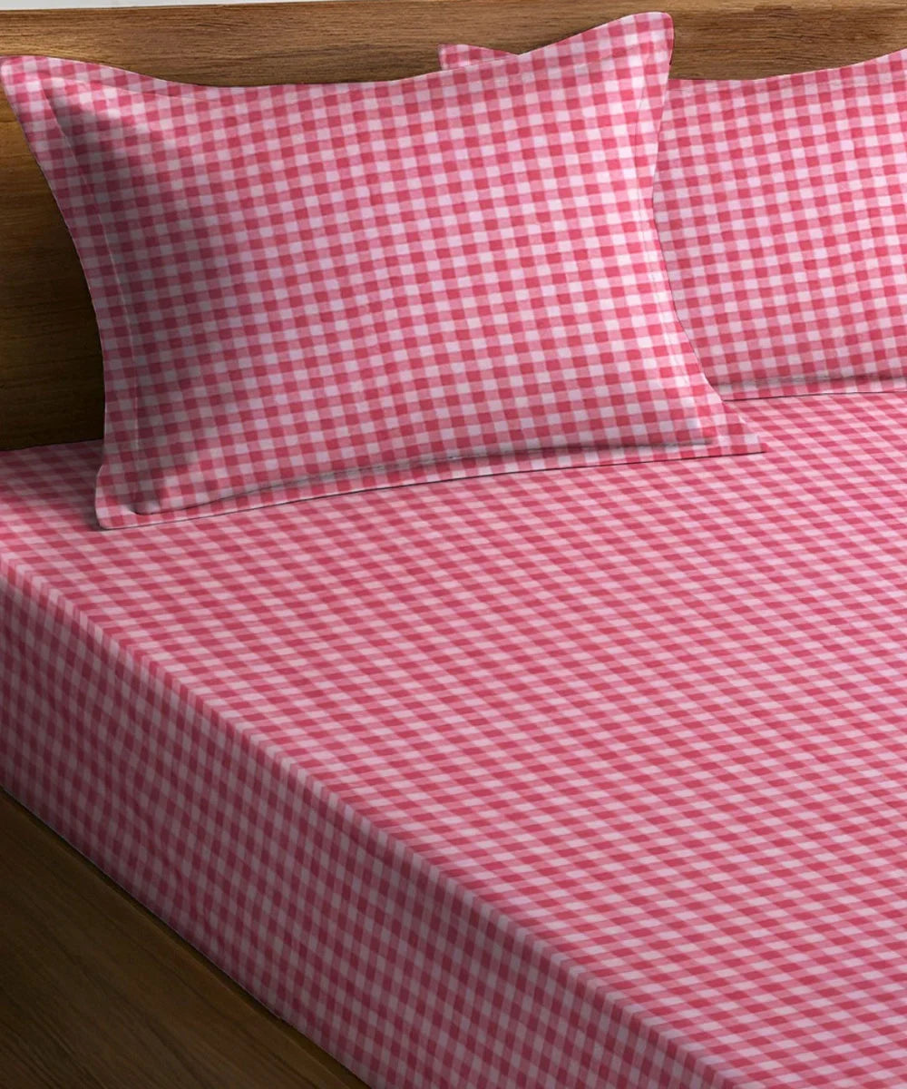 Pink Gingham Fitted Bedsheet With Pillow Cover