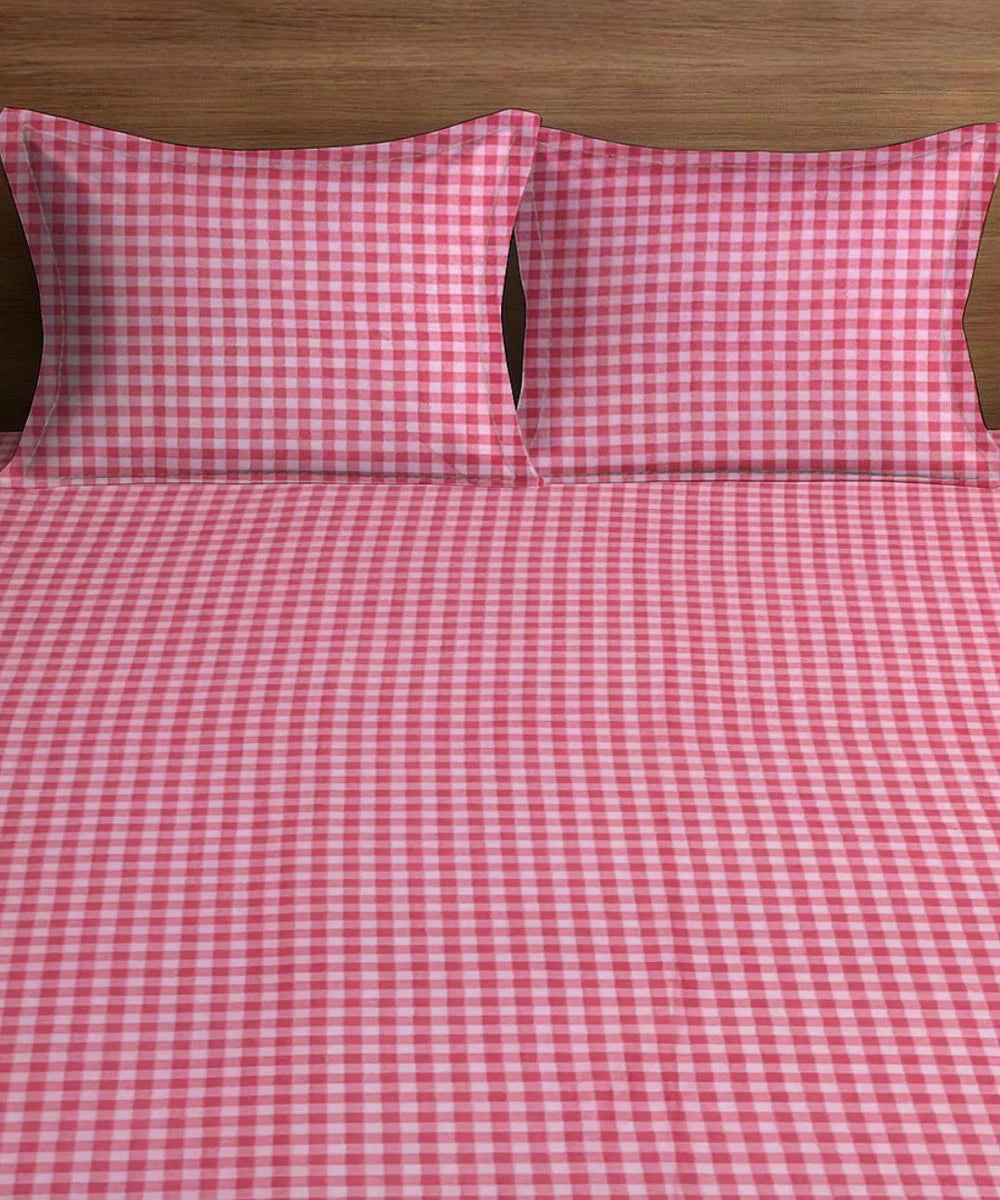 Pink Gingham Fitted Bedsheet With Pillow Cover