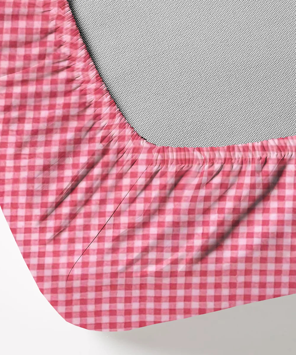 Pink Gingham Fitted Bedsheet With Pillow Cover